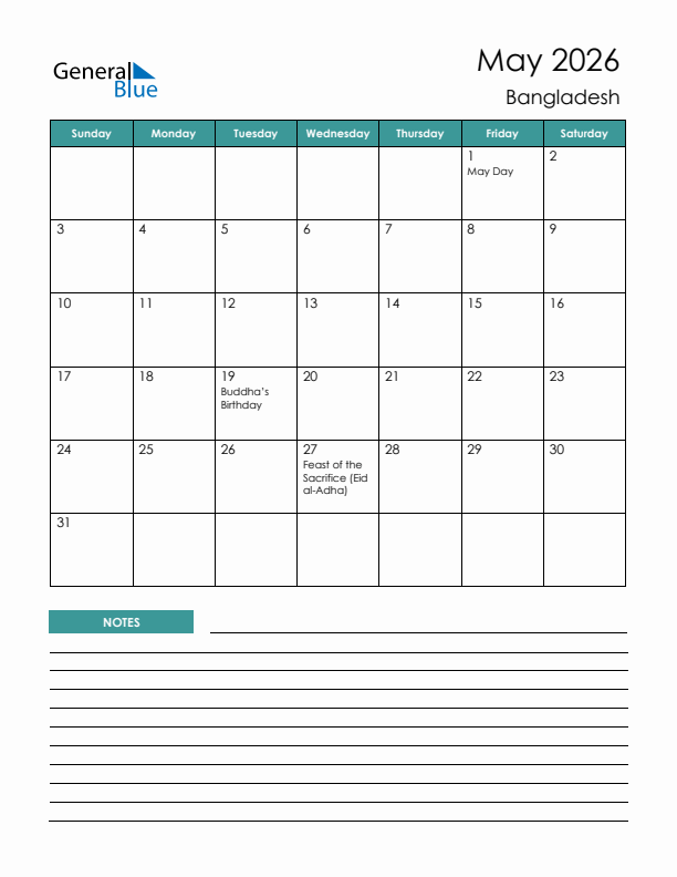 Calendar with Notes Printable - Sunday Start