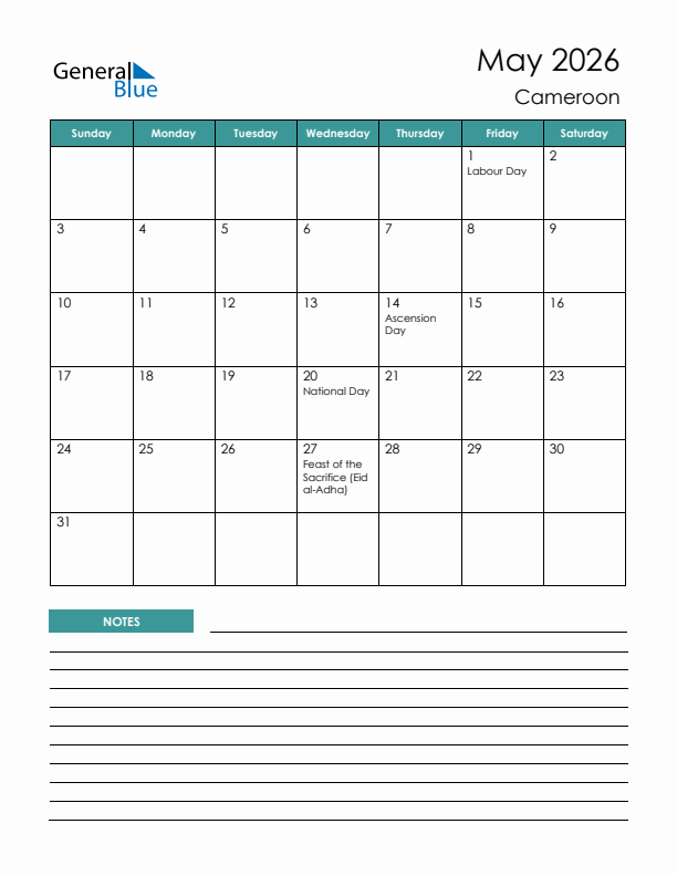 Calendar with Notes Printable - Sunday Start