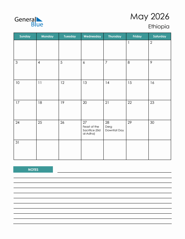 Calendar with Notes Printable - Sunday Start