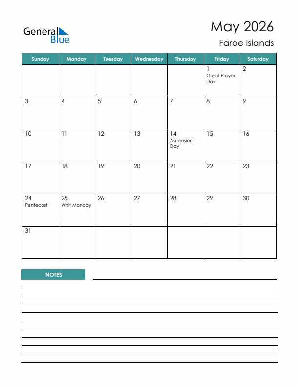 Calendar with Notes Printable - Sunday Start