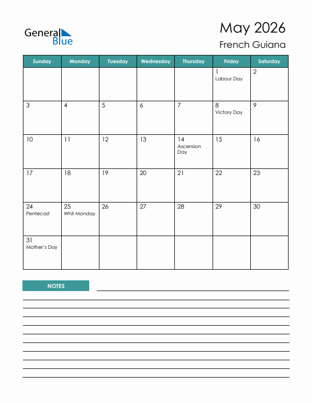 Calendar with Notes Printable - Sunday Start