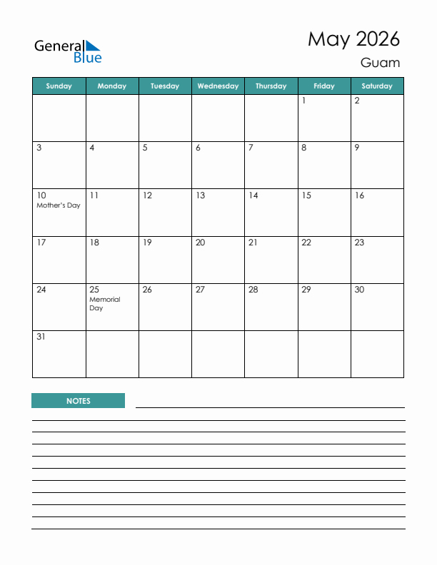 Calendar with Notes Printable - Sunday Start