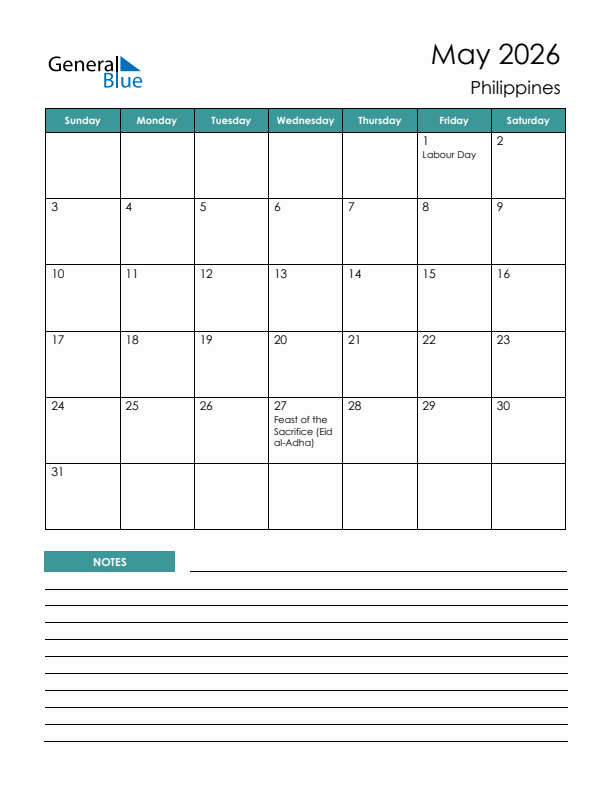 Calendar with Notes Printable - Sunday Start