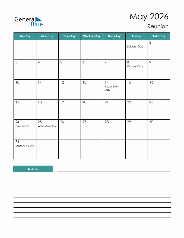 Calendar with Notes Printable - Sunday Start