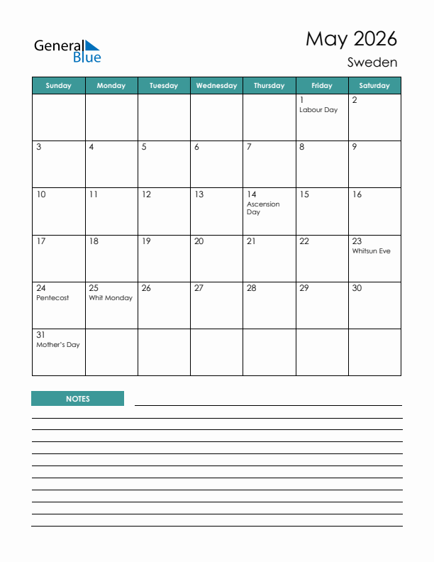 Calendar with Notes Printable - Sunday Start