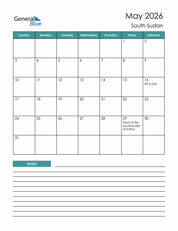 Calendar with Notes Printable - Sunday Start