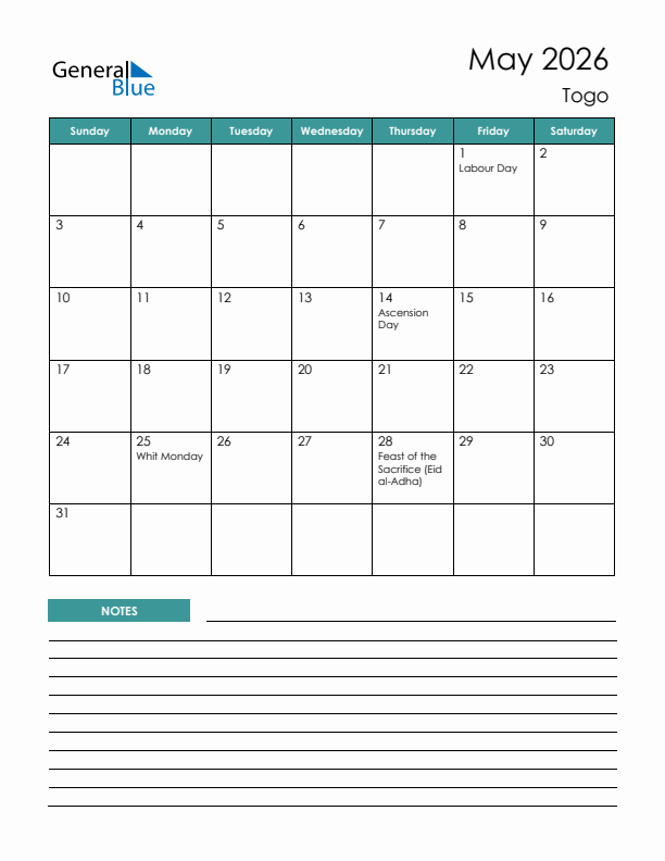 Calendar with Notes Printable - Sunday Start