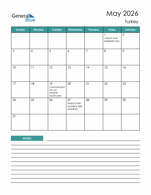 Calendar with Notes Printable - Sunday Start