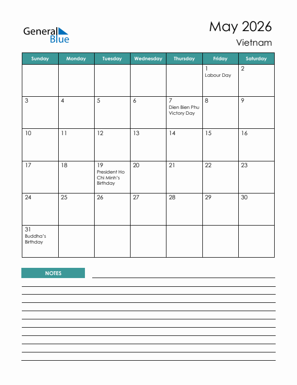 Calendar with Notes Printable - Sunday Start