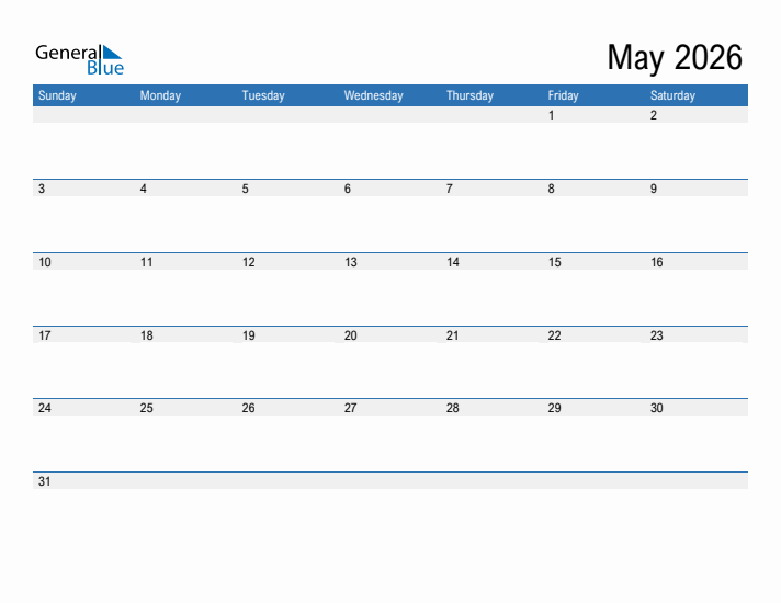 Fillable Calendar for May 2026