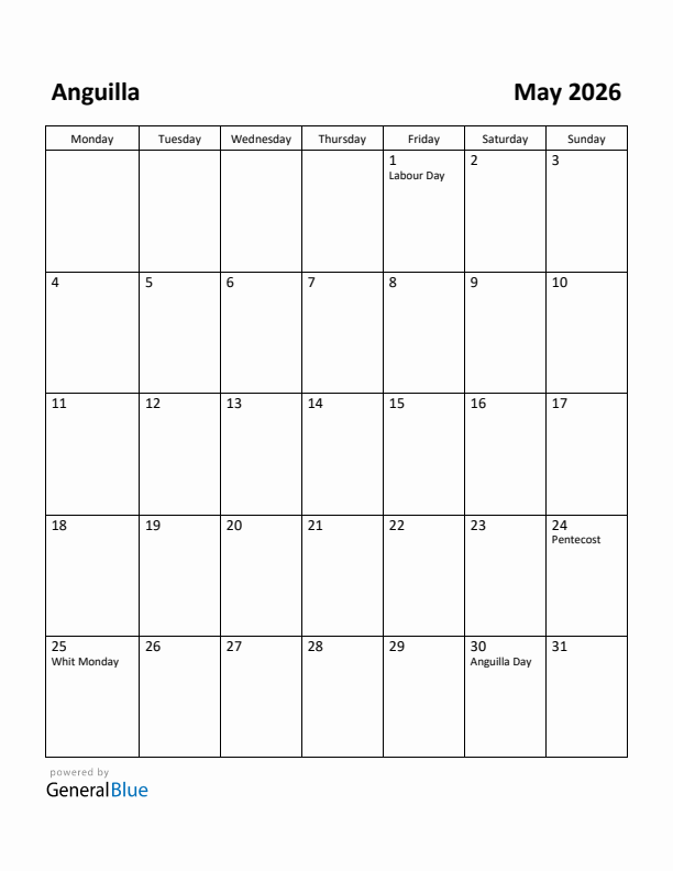 May 2026 Calendar with Anguilla Holidays