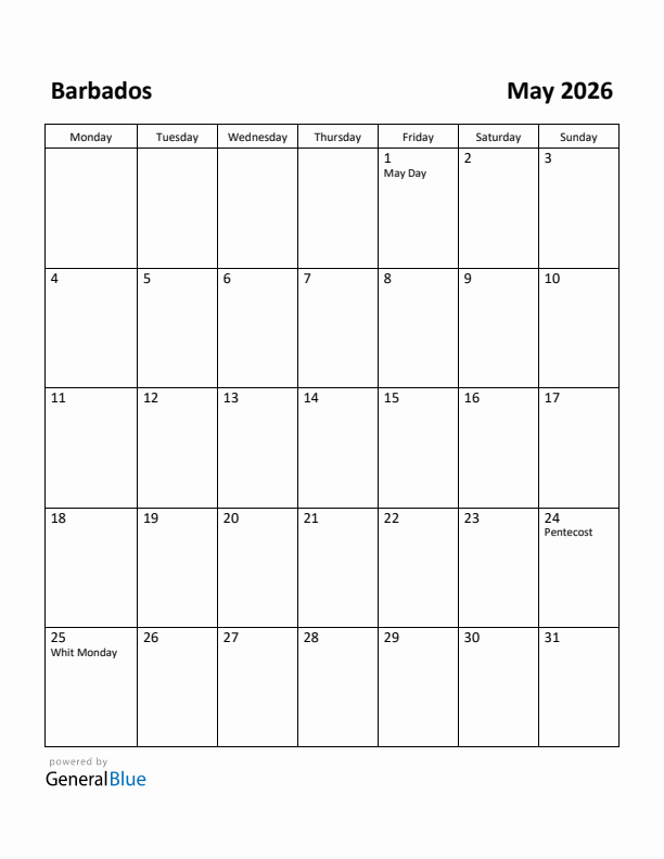 May 2026 Calendar with Barbados Holidays