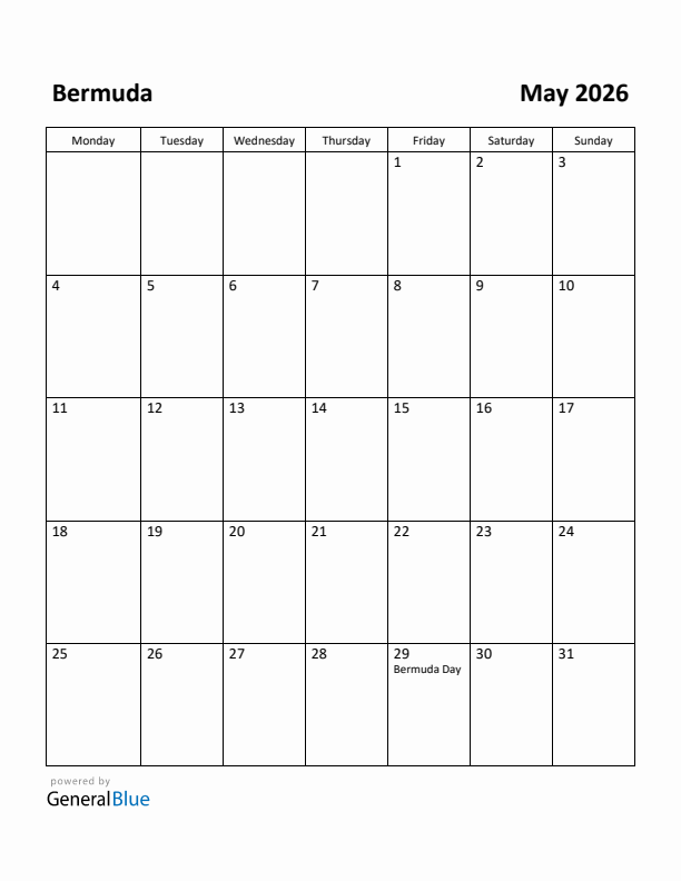 May 2026 Calendar with Bermuda Holidays