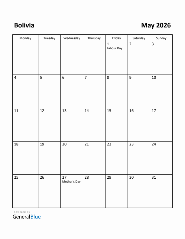 May 2026 Calendar with Bolivia Holidays