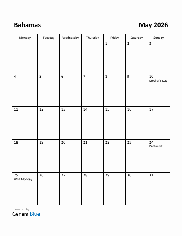 May 2026 Calendar with Bahamas Holidays