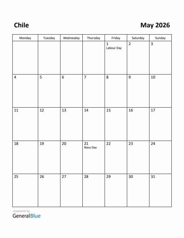 May 2026 Calendar with Chile Holidays