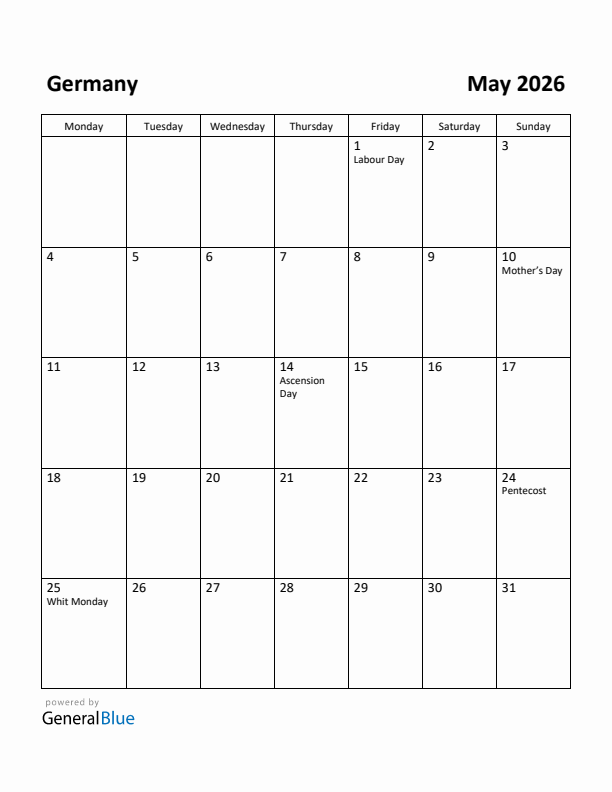 May 2026 Calendar with Germany Holidays