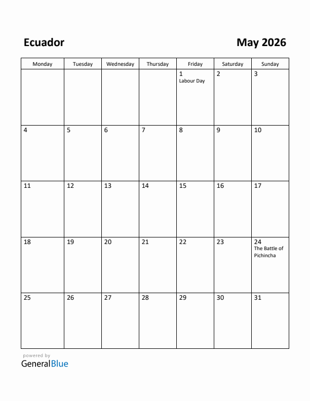 May 2026 Calendar with Ecuador Holidays