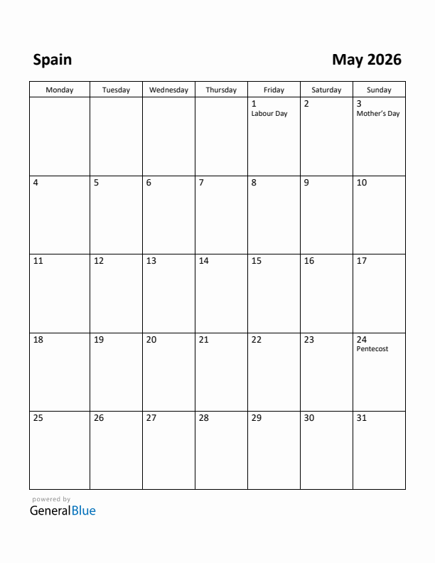 May 2026 Calendar with Spain Holidays