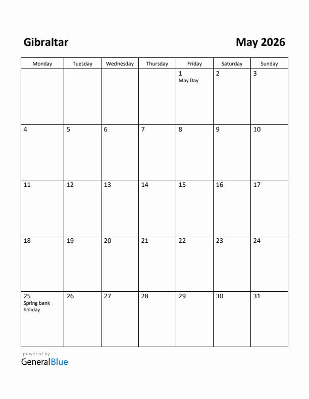 May 2026 Calendar with Gibraltar Holidays