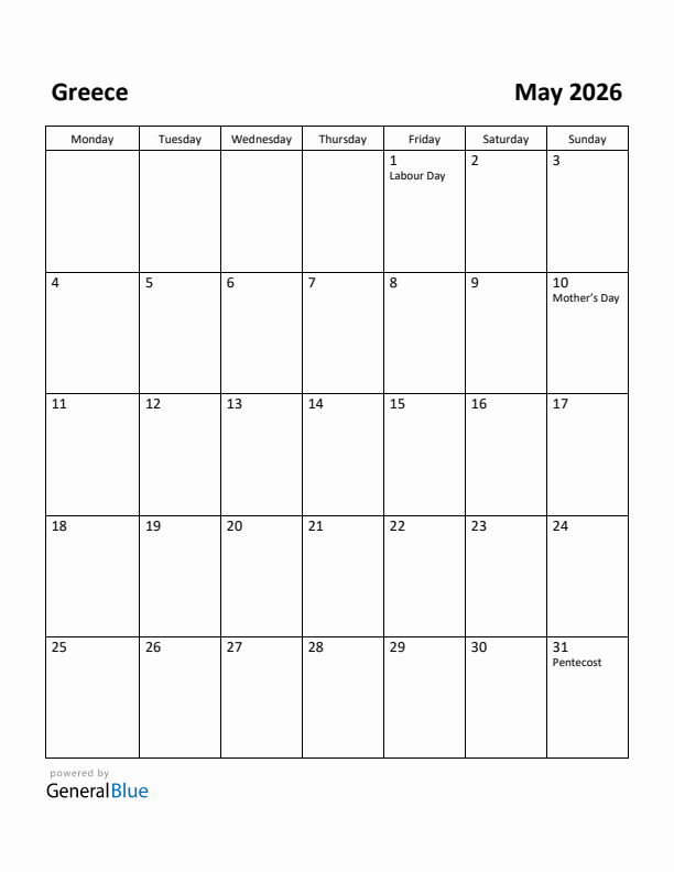 May 2026 Calendar with Greece Holidays