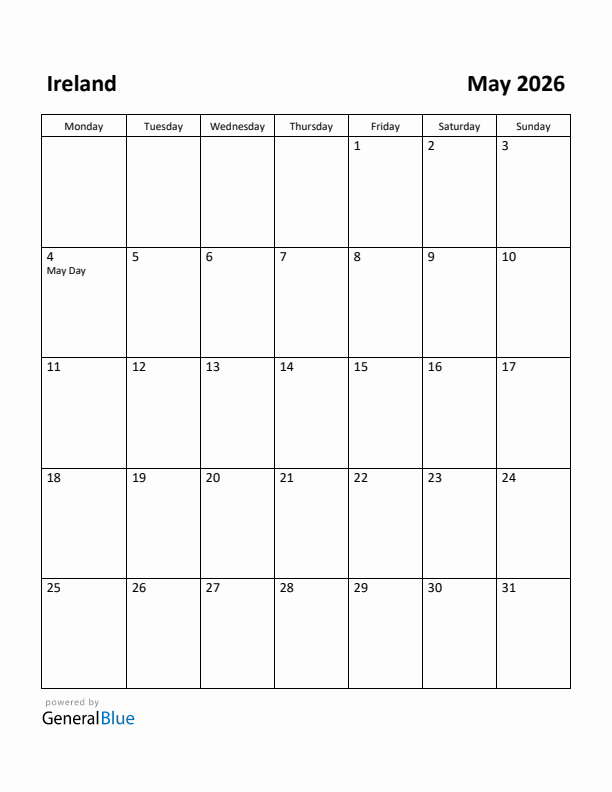 May 2026 Calendar with Ireland Holidays