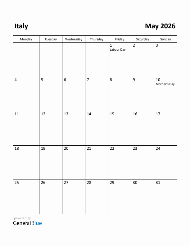 May 2026 Calendar with Italy Holidays