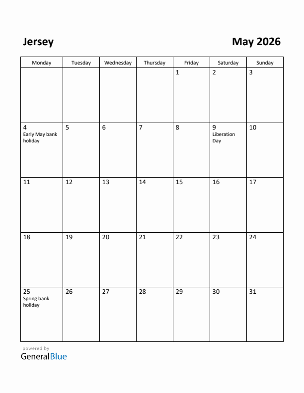 May 2026 Calendar with Jersey Holidays