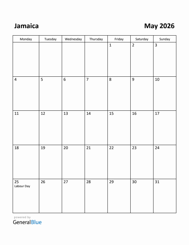 May 2026 Calendar with Jamaica Holidays