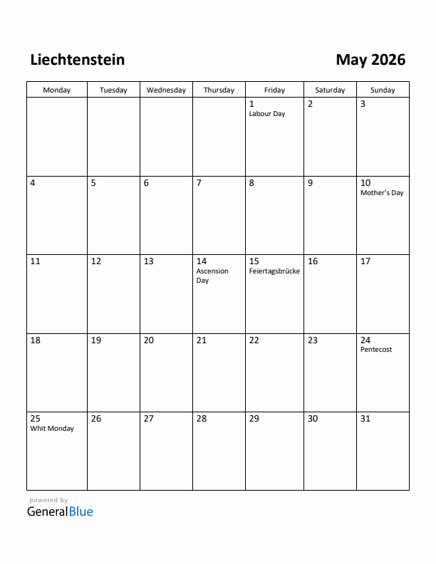 May 2026 Calendar with Liechtenstein Holidays