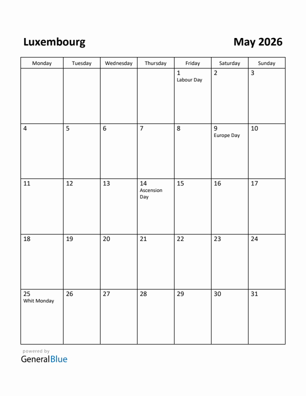 May 2026 Calendar with Luxembourg Holidays