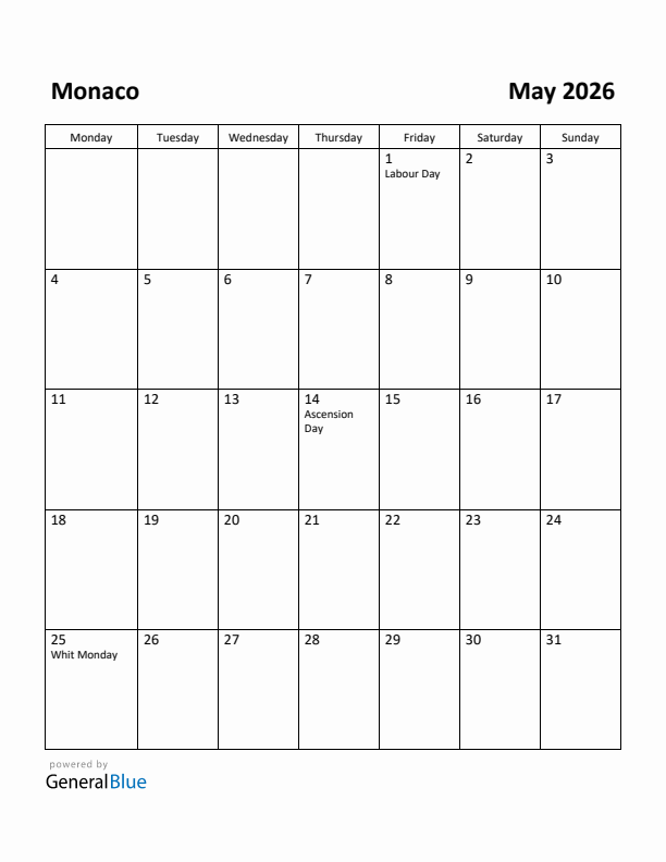 May 2026 Calendar with Monaco Holidays