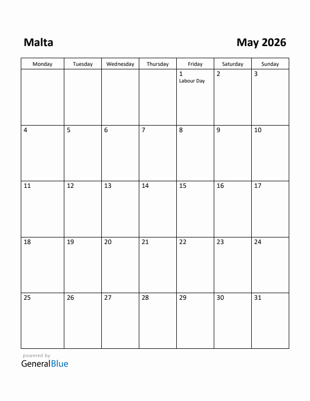 May 2026 Calendar with Malta Holidays