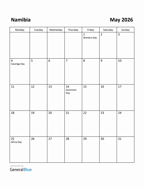 May 2026 Calendar with Namibia Holidays