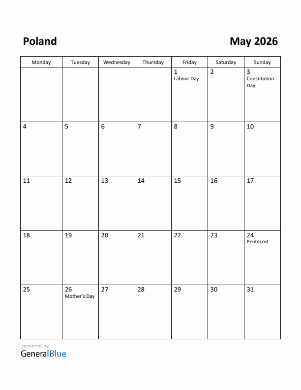 May 2026 Calendar with Poland Holidays