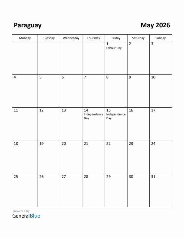 May 2026 Calendar with Paraguay Holidays