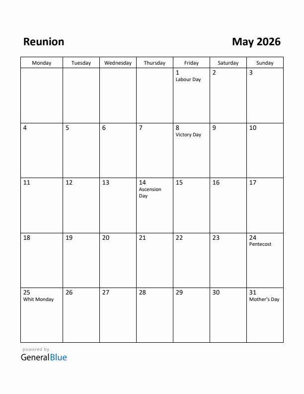 May 2026 Calendar with Reunion Holidays