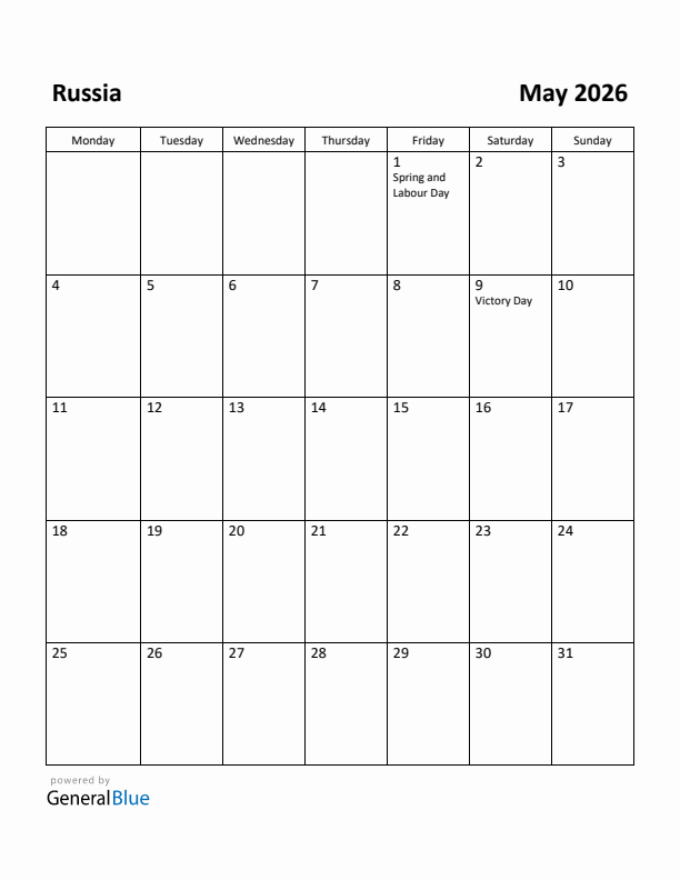 May 2026 Calendar with Russia Holidays