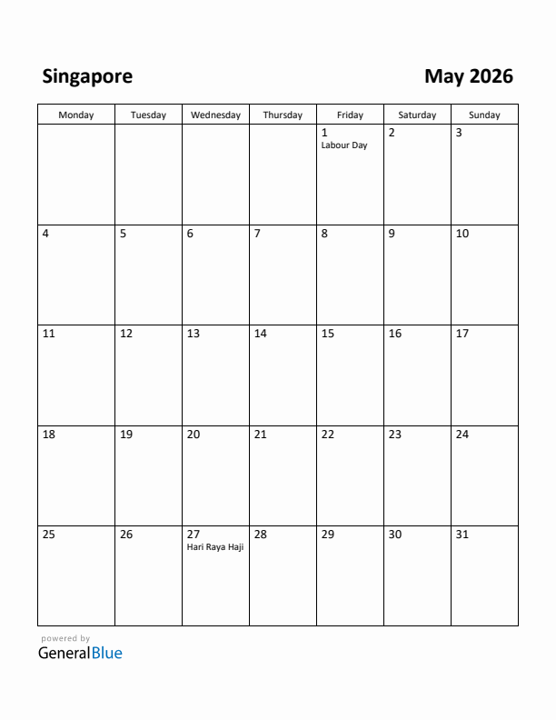 May 2026 Calendar with Singapore Holidays