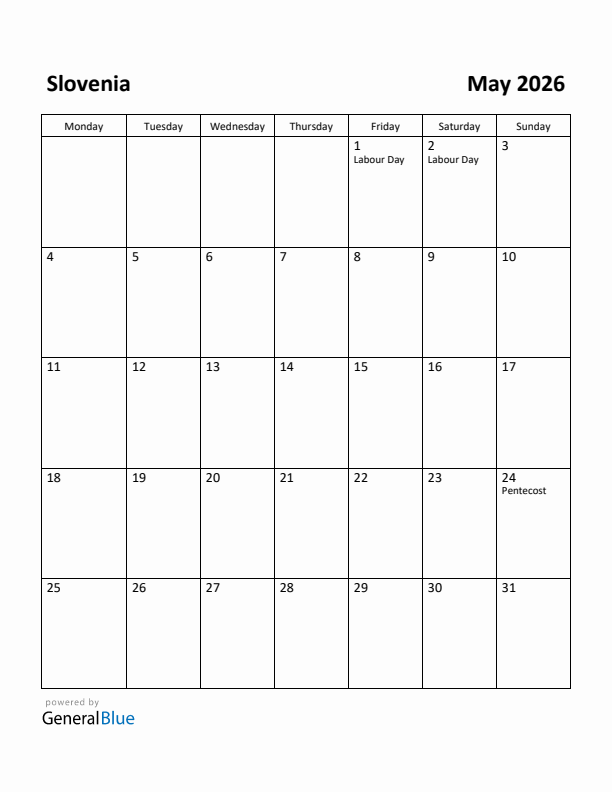 May 2026 Calendar with Slovenia Holidays