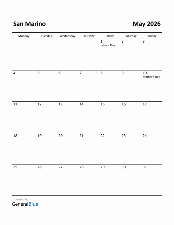 May 2026 Calendar with San Marino Holidays