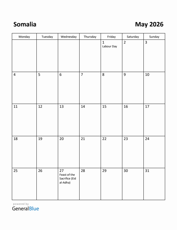 May 2026 Calendar with Somalia Holidays