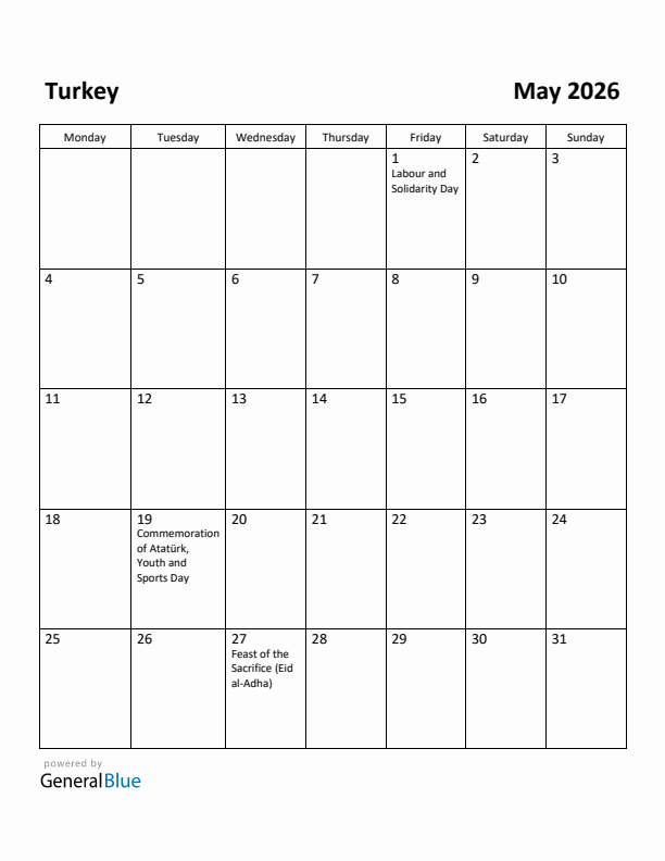 May 2026 Calendar with Turkey Holidays