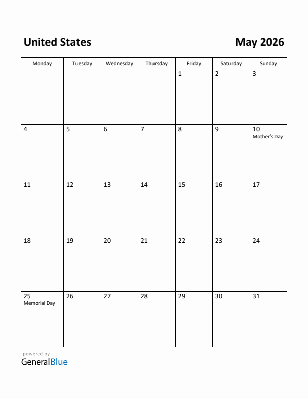 May 2026 Calendar with United States Holidays