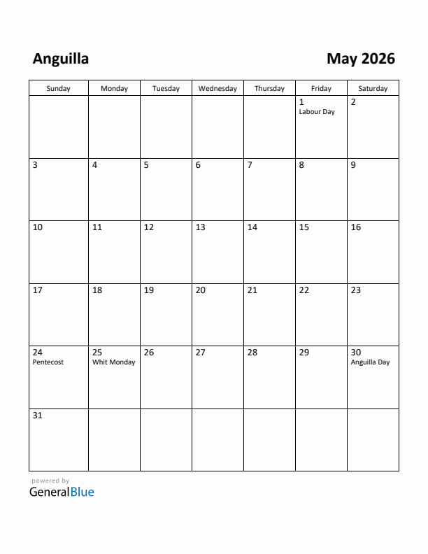 May 2026 Calendar with Anguilla Holidays