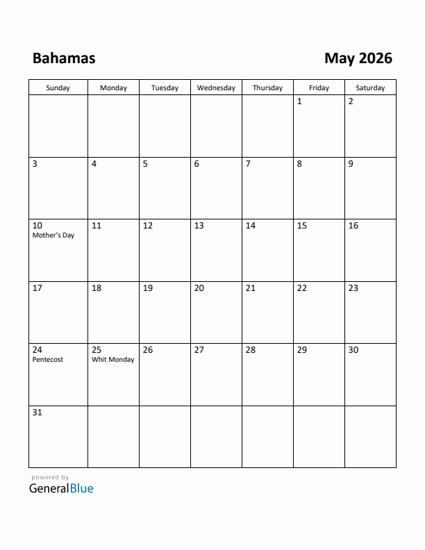 May 2026 Calendar with Bahamas Holidays