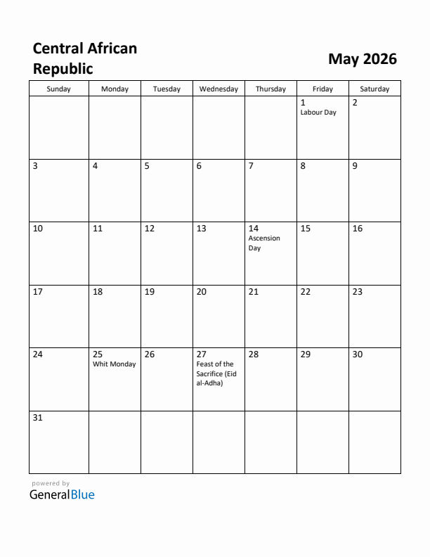 May 2026 Calendar with Central African Republic Holidays