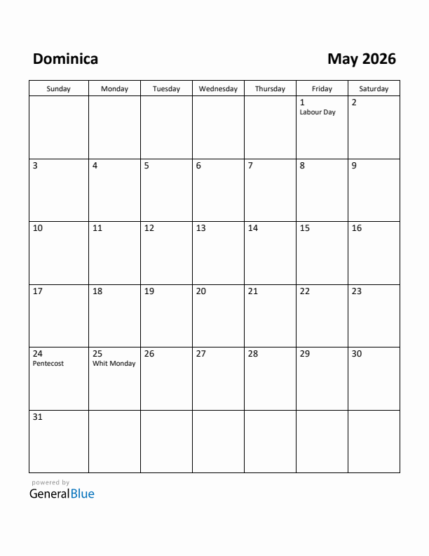 May 2026 Calendar with Dominica Holidays