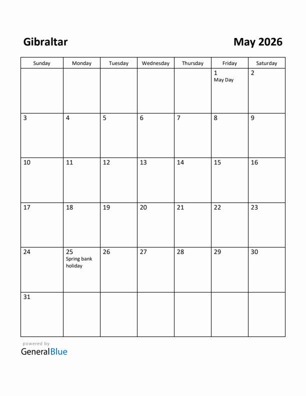 May 2026 Calendar with Gibraltar Holidays