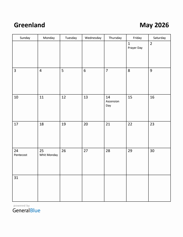 May 2026 Calendar with Greenland Holidays